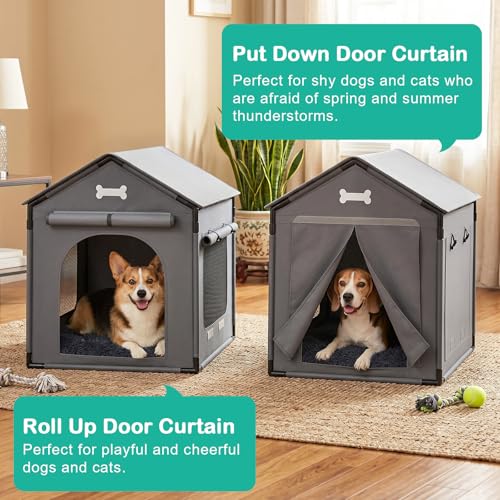 27.6" Dog House Indoor Outdoor Dog Kennel Tent Bed with Door Curtain (Grey / L with Door Curtain: 27.6"L x 21.3"W x 26.8"H)