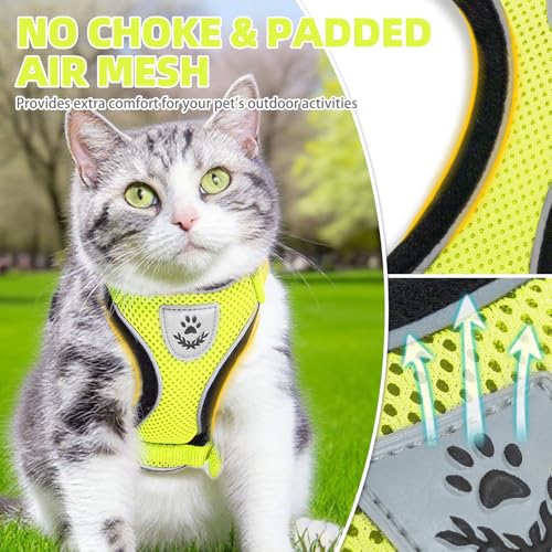 Cat Harness and Leash Set Escape Proof Reflective Cat Walking Harness Adjustable Soft Breathable Mesh Vest for Small Pets (S (NECK 9.5"-11", CHEST 13"-16") / Fluorescent Yellow)