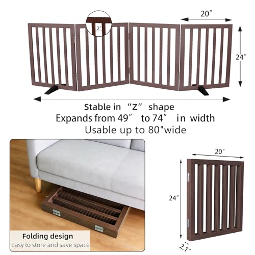 Freestanding Indoor Dog Gate for House Foldable Wood Puppy Gate for Doorways Pet Gate for Stairs Extra Wide Pet Fence (Brown / 【4 Panels】80''w x 24''h)