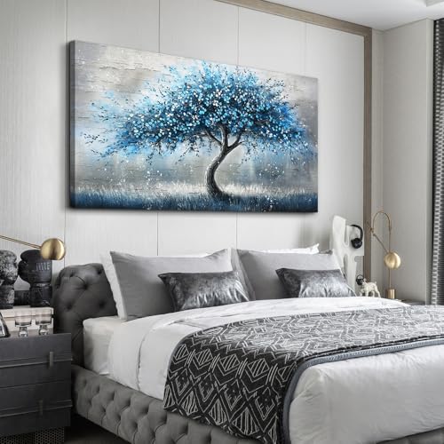 Large Wall Art Prints Abstract Canvas Painting Blue Tree Picture Landscape Artwork Office Decor Modern Poster Ready To Hang Framed For Living Room Bedroom Home Decorations Wall Decor (60"L x 30"W / Blue Tree)