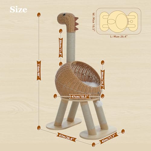 Dinosaur Cat Tree 46” Cat Scratching Posts with Large Rattan Bed (Dinosaur)