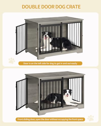 39.3" L Dog Crate Furniture Indoor Dog Kennel with Barn Door (Greige / 39.3"L x 23.6"W x 26.8"H)