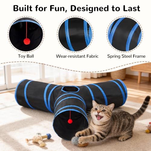 Cat Tunnel, 3-Way Collapsible Toy, Large Size Black & Royal Blue (Black & Royal Blue / Large)