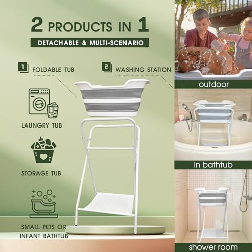 2-in-1 Dog Bathtub & Washing Station, Elevated Collapsible Bathtub with Drainhole & Storage Rack, Foldable Portable Indoor/Outdoor Pet Bathing & Grooming for Small Dogs Cats (Bathtub w Station)