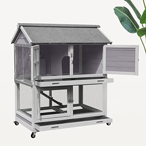 Rabbit Hutch Hamster Cage Guinea Pig Cage Bunny Cage Removable Wire Mesh PVC Curtain 4 Metal Wheels 2 Pull