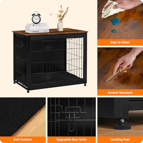 32.5" Dog Crate Furniture with Cushion (Black+Rustic Brown / 32.5"L x 21.9"W x 25.6"H)