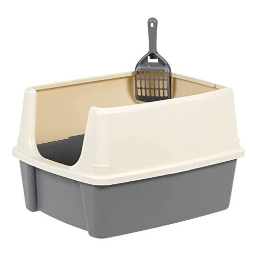 Large Cat Litter Box with High Sides (Grey/Beige / Open Top)