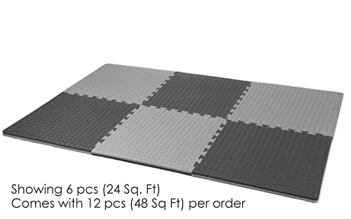 1" Extra Thick 48 sq ft Reversible EVA Gym Foam Floor Mat Tiles (Black)