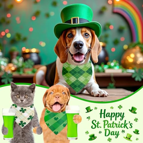 50 Pcs St Patricks Day Bandanas Bulk for Dogs Adjustable Irish Shamrocks Clover Green Plaid Triangle Soft Bibs Puppy Bandana for Small Medium Large Cat Pet Costume (St Patricks Day / 25.6 x 17.7 x 17.7 Inch)