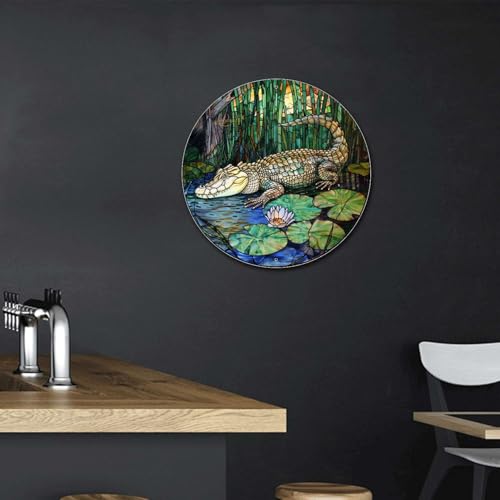 Metal Sign Tin Sign Circular Stained Glass Crocodile Tin Sign Gift for Garden 8×8 Inches (8×8 Inches / Crocodile)