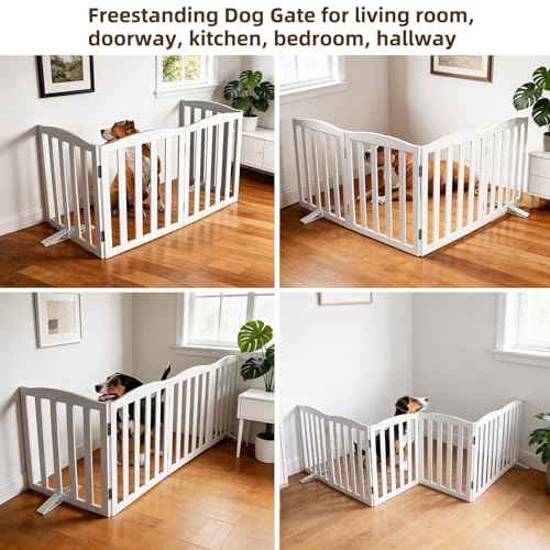 Foldable Freestanding Indoor Dog Gate for House Wood White Long Pet Gates Dog Fence for Stairs Puppy Gates for Hallways (White / 【4 Panels】80''w X 32''h)