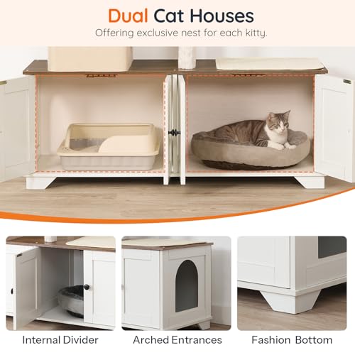 Double Litter Box Enclosure with Cat Tree (White)
