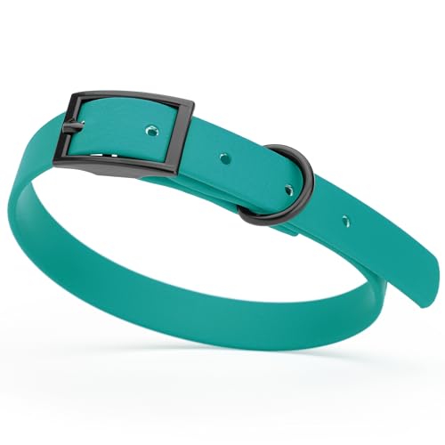 Biothane Waterproof Dog Collar Strong Coated Nylon Webbing with Black Hardware Odor (W5/8" x L12-15" / Blue Aqua)