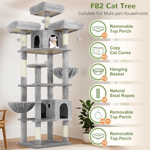 Cat Tree Tower for Multiple Adult Cats (82 inch / Light Grey)