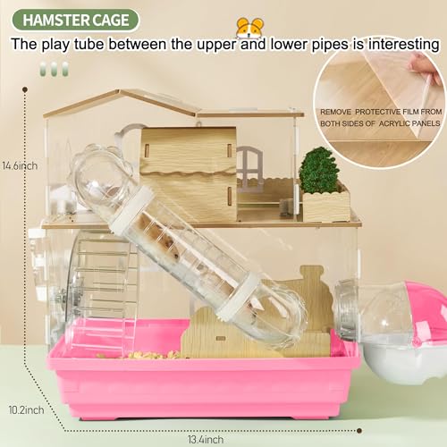12 in 1 Clear Acrylic Hamster Cage with All Accessories (13.4"L x 10.2"W x 14.6"H / Pink)