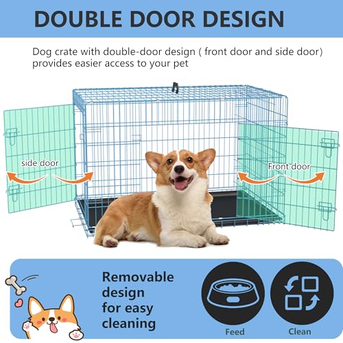 30 inch Dog Crate Dog Kennel Cage with Double Door Folding Metal Wire Dog Cage with Removable Tray&Divider Panel (Blue / 30.0"L x 18.0"W x 20.0"H)