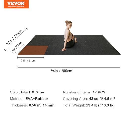 0.56Inch 48sq.ft 12 Tiles Gym Flooring for Home Gym (Black & Grey / 25"L x 25"W x 0.56"Th)