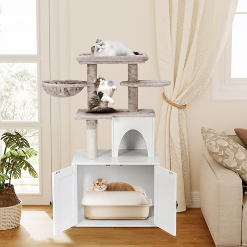Cat Litter Box Enclosure with Cat Tree Tower and Condo (White)