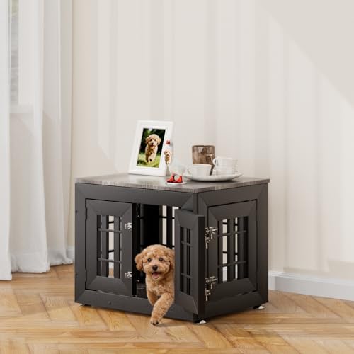 26" Heavy Duty Dog Crate Furniture for Small (26.0"L x 20.5"W x 21.3"H / Black+Grey)
