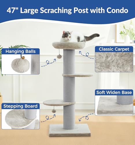 43" Short Plush Cat Scratching Post with Perch & Bed (Light Grey)