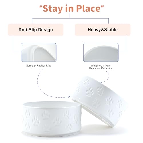 Ceramic Dog and Cat Bowls 2 Pack (6.1 in - 3.6 cups / Paw White - Only Bowls*2)