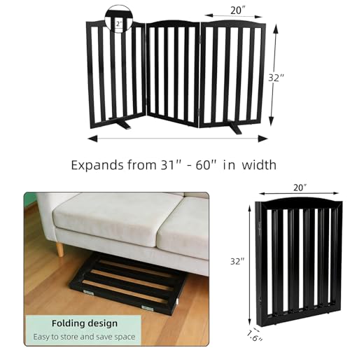 Foldable Freestanding Indoor Dog Gate for House Wood Long Pet Gates Dog Fence for Stairs Puppy Gates for Hallways (Black / 【3 Panels】60''w X 32''h)