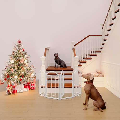 Metal No Assembly Freestanding Dog Gate with Door Walk Through (White / 4 Panels-S)