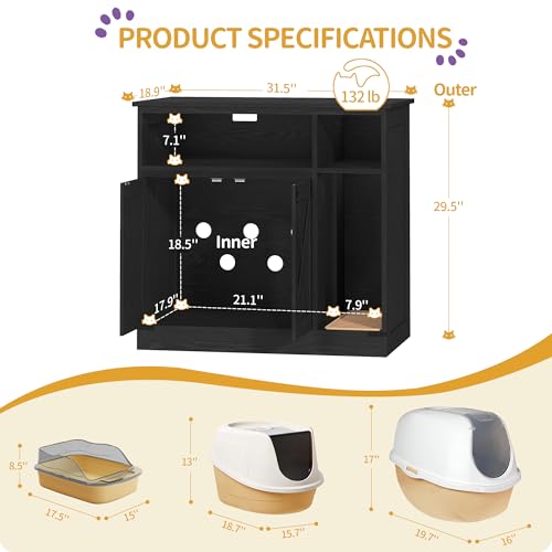 Cat Litter Box Enclosure (Black / 31.5"L × 18.9"W × 29.5"H)