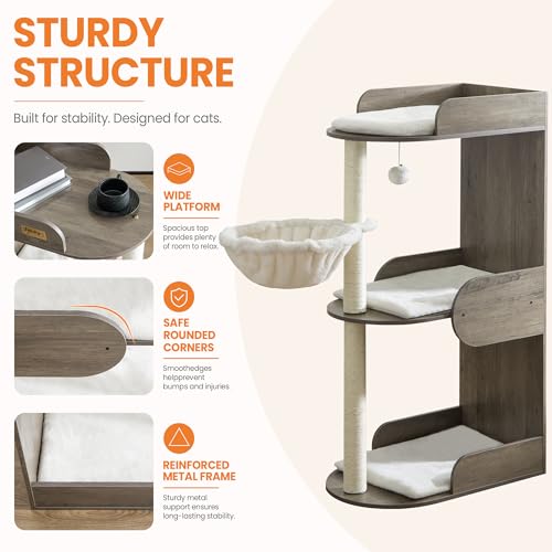 44.8in Modern Wood Cat Tree Tower for Indoor Large Cats with Perch (Greige 2 / 44.8 Inches)