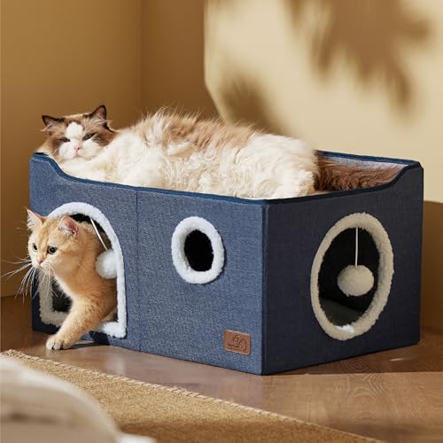 Extra Wide Cat House Bed with Fluffy Ball and Scratch Pad (Blue / Widen)