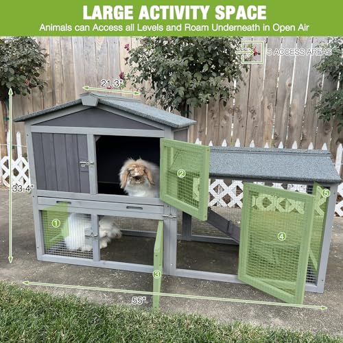 Chicken Coop Hen House with Run Outdoor Rabbit Cage Indoor Bunny Hutch with Waterproof Roof Poultry Cage (Gray / 57.02"L x 21.3"W x 33.4"H)