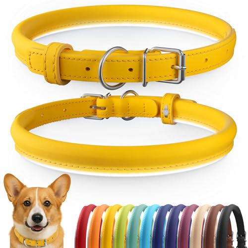 Tangle Free Reflective Leather Dog Collar (Yellow / M)