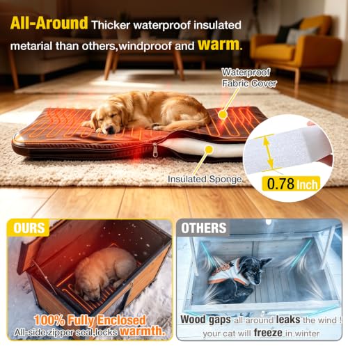 Heated Dog House Outdoor with Heating Pad Insulated Dog Kennl for Winter (33.5" Brown(With Heated Liner))