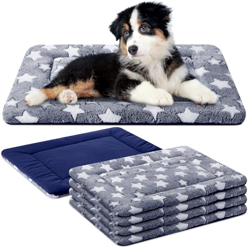 4 Pcs Dog Crate Pads Soft Warm (Rectangular 18 x 24 x 1.6 Inch / Star / Blue)