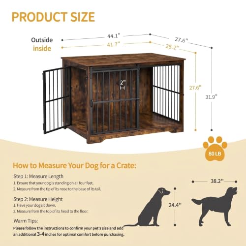 44.1" XL Dog Crate Furniture Indoor Dog Kennel with Barn Door (44.1"L x 27.6"W x 31.9"H / Rustic Brown)
