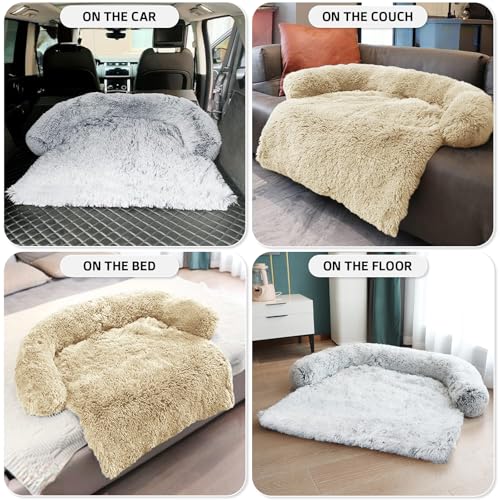 Calming Dog Bed Fluffy Plush Dog Mat for Furniture Protector with Removable Washable Cover for Large Medium Small Dogs and Cats (Beige / 45.0"L x 37.0"W x 6.0"Th)