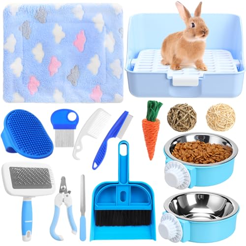 15 Pcs Rabbit Starter Kit Small Rabbit Litter Box Girls Gift Animal Grooming Kit Bunny Toys Bowl Blankets with Cleaning Set for Guinea Pig Accessories (Candy Blue)