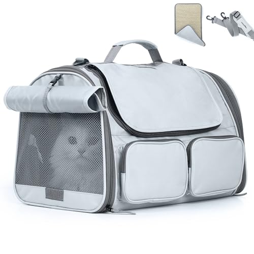Cat Carrier Airline Approved Dog Carrier with Rollable Cover (Ash Grey)