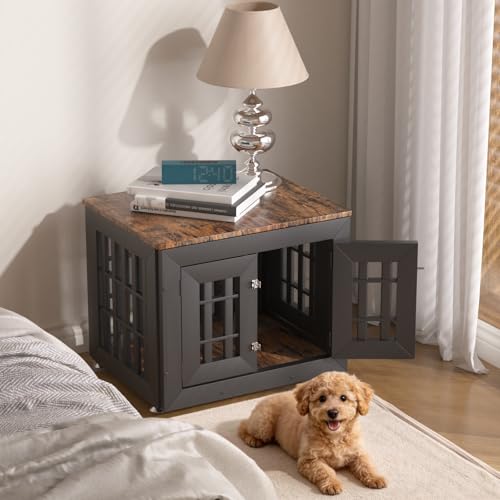26" Heavy Duty Dog Crate Furniture for Small (26.0"L x 20.5"W x 21.3"H / Black+Brown)