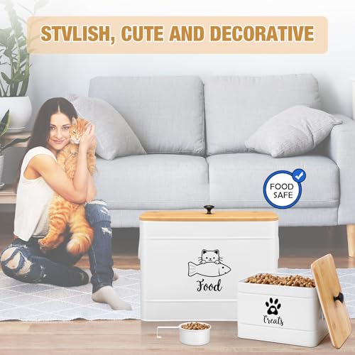 2 Pcs Large Metal Cat Food Storage Containers 12+3.5 Lbs Decorative Pet Treat Snack Jars Airtight Bamboo Lids & Dry Food Scoop for Farmhouse Kitchen Counter Decor (White)