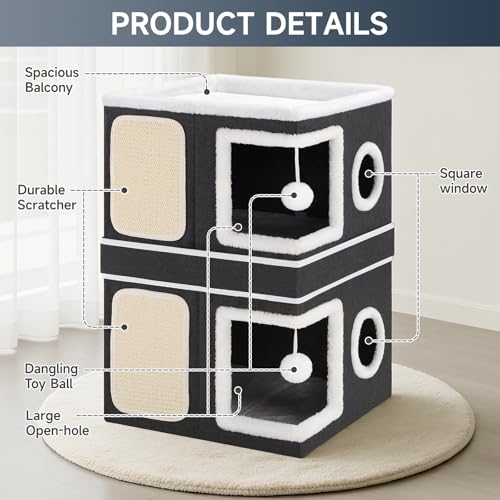 2 Story Cat House beds for Indoor Cats with Scratch Pads Black (Black / Double)