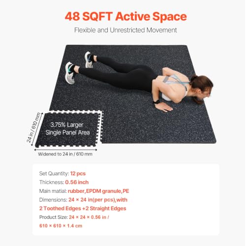 0.56Inch 48sq.ft 12 Tiles Gym Flooring for Home Gym (Black & White / 24"L x 24"W x 0.6"Th)
