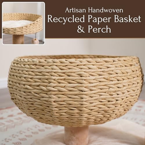 3 Level Handwoven Paper Rope Cat Basket Bed and Perch with Scratching Post (Light Brown)