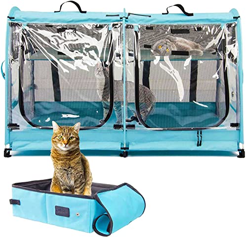 Mispace Portable 2 Pet Carriers for Cats Collapsible Cat Condo for Car Travel Pet Kennel Show Cages with Portable Carry Bag Hammocks Mats and Litter Box (clear)