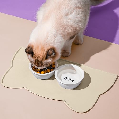 Cat Food Mat Silicone Non Slip Dog Bowl Mat Waterproof Cat Feeding Mat Stop Food Spills and Water Messes Out to Floor Pet Food Mat (Beige / 17" x 10")