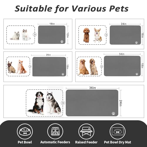 Dog Food Mat Absorbent Cat Mat for Food and Water (Paw Dark Grey / 24"L x 16"W)