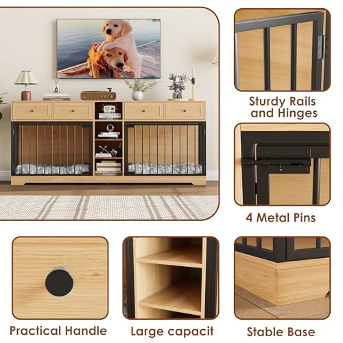 82" Double Dog Crate Furniture with Drawers and Shelves (Natural / 81.9"L x 23.6"W x 33.5"H)
