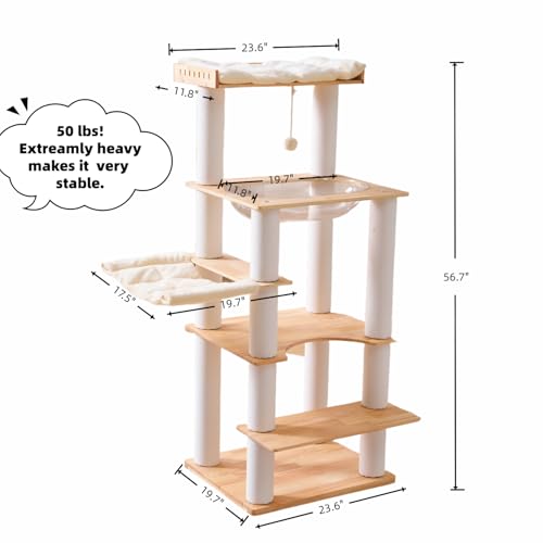 Modern Natural Wooden Wood Cat Tree Tower Condo (57 Inches - Solid Wood)