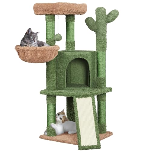 42in Green Cactus Cat Tree Tower with Scratching Posts and Condo (Green & Brown)