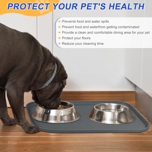 Waterproof Silicone Pet Food Mat with Raised Edge for Dog & Cat (Dark Grey / 22"L x 14"W)